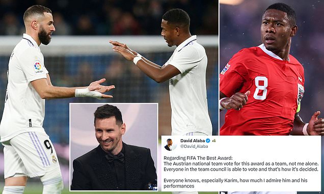 David Alaba racially abused online after voting for Lionel Messi over his Real Madrid team-mate Karim Benzema at the FIFA Best awards